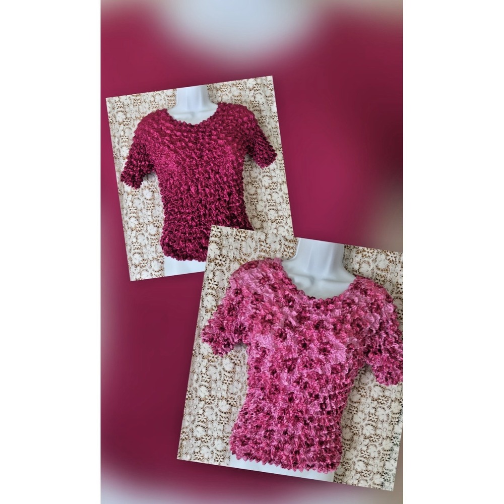 Lot of 2 Popcorn Tops Burgundy/Pink Floral‎ One Size Bubble Crinkle Stretch Y2K